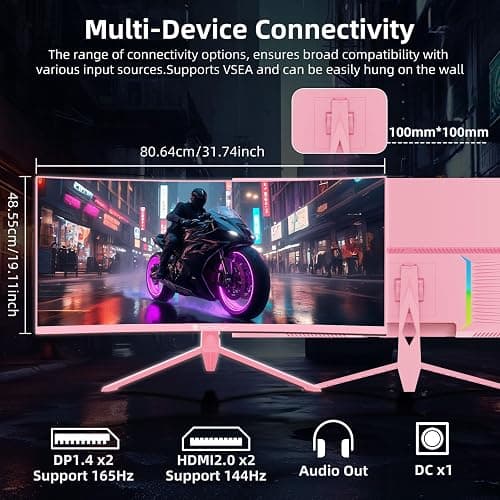 34" 4K Pink Curved Gaming Monitor, 3440 x 1440 165Hz, Ultra Wide Computer Display, 1500R -Pip 1ms (Mprt) HDR400 125% sRGB, Dci-P3 92%, HDMI/DP, Port, Suitable for thumbnail 7