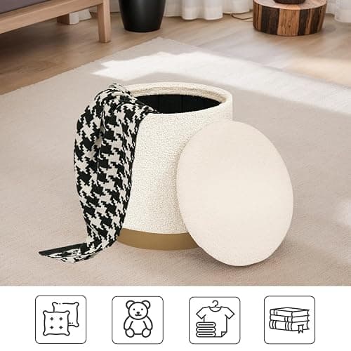 CAIPINFUL 15 Inches Round Storage Ottoman - Boucle Ottoman Foot Rest with Gold for Living Room,Bedroom and Dorm-White thumbnail 7