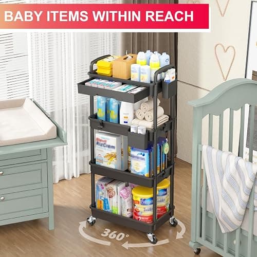 Goovilla 4 Tier Rolling Utility Cart Organizer with Removable Drawer, Stable and Sturdy Black Rolling Storage Carts with 2 Lockable Wheels for Bathroom, Kitchen, Snack, Craft, Makeup, Baby Essentials thumbnail 6