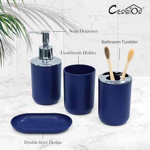 CERBIOR Bathroom Accessories Set 6 Piece Bath Ensemble Includes Soap Dispenser, Toothbrush Holder, Toothbrush Cup, Soap Dish for Decorative Countertop and Housewarming Gift (Royal blue-6pcs) thumbnail 4