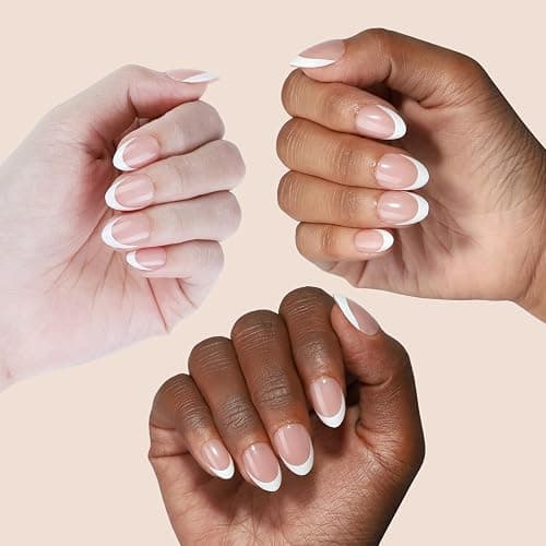 LY LANYOS 16 size white french tip almond press on nails for women,32 pcs super short petite oval nails with glue and stick ，nude french thumbnail 7