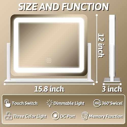 FENNIO Vanity Mirror with Lights, 12" x 16" Lighted Makeup Mirror with Smart Touch Control, 3 Color Modes & Brightness Adjustable, LED Makeup Mirror with 10X Magnification, 360° Rotation for Bedroom thumbnail 2
