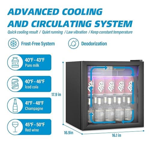 Erivess 1.3 Cubic Feet Mini Fridge, 60 Can Freestanding Beverage Refrigerator with Glass Front Door for Soda, Beer Under Counter Small Refrigerator with Adjustable Shelves and Digital Display(Black) thumbnail 2