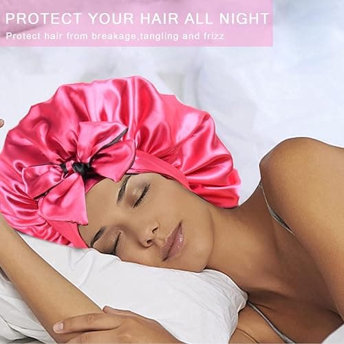 Satin Bonnet with Tie Band Adjustable Silk Bonnet Sleep Cap for Braids double layer with Tie for Sleeping (Hot Pink +Black) thumbnail 5