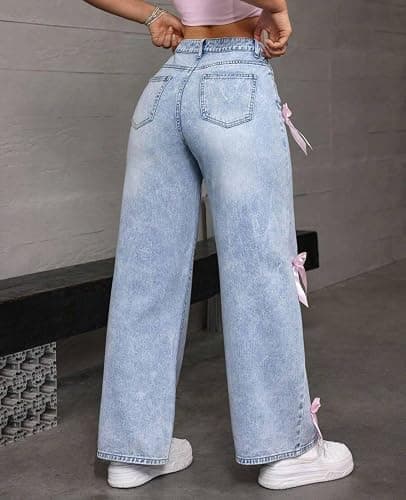 BeRamg Baggy Jeans for Girls Women Bow High Waisted Loose Cute Pants | Pink Bow, Wide Leg ,Jeans for Teens, Cute Clothes for Teen Girls, Teenager Clothing, Baggy Pants,Y2K Fun Style thumbnail 3
