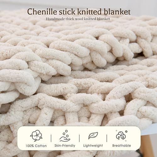 GYHH Plaid Tricot Grosse Maille Pelote Laine Jette,Couverture en Chenille Grosse Maille, Chaude Et Confortable, Faite à La Main, pour Canapé, Lit, Décoration D'intérieur (Beige,50x50CM) thumbnail 3