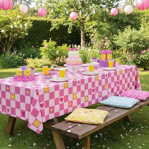 2Pcs Preppy Party Tablecloths Retro Smile Face Lightning Heart Star Table Cover Pink White Checkered Disposable Plastic Tableware for Y2K Groovy Birthday Baby Shower Party Table Decor Supplies thumbnail 2