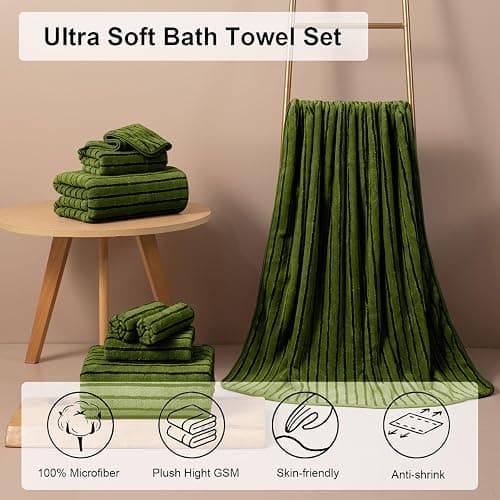 8 Pcs Army Green Cabana Stripe Large Bath Towel Set Oversized Bath Sheet-2 Bath Towels,2 Hand Towels,4 Washcloths Soft Jumbo Towels Absorbent Shower Towel Beach Chair Towels Spa Gym Hotel Towel thumbnail 3