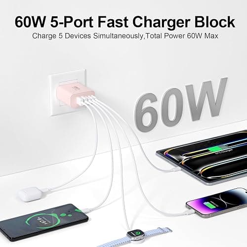 USB C Charger Block, 60W 5-Port Type C Charger Fast Charging Block, USBC USB Multiple Port Wall Charger Plug Adapter for iPhone 17/Air/16/15/14/13/12/11 Pro Max, Samsung Galaxy, iPad, Tablet (Pink) thumbnail 2