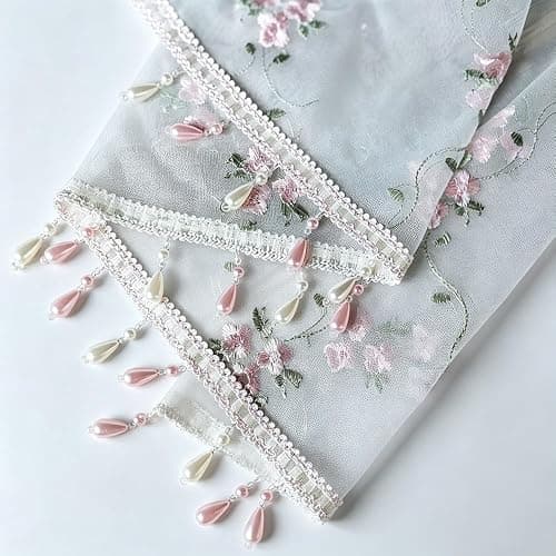 1PC Victorian Style Floral Sheer Swag Curtain Valance for Arched Door | Pink Embroidered Window Treatment with Beaded Trim, Rod Pocket Light Filtering Tier Curtain for Kitchen Princess Bedroom thumbnail 5
