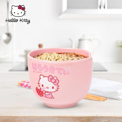 Silver Buffalo Sanrio Hello Kitty Strawberry Milk Japanese Character Ceramic Ramen Noodle Rice Bowl with Chopsticks, Microwave Safe, Pink, 20 Ounces thumbnail 2