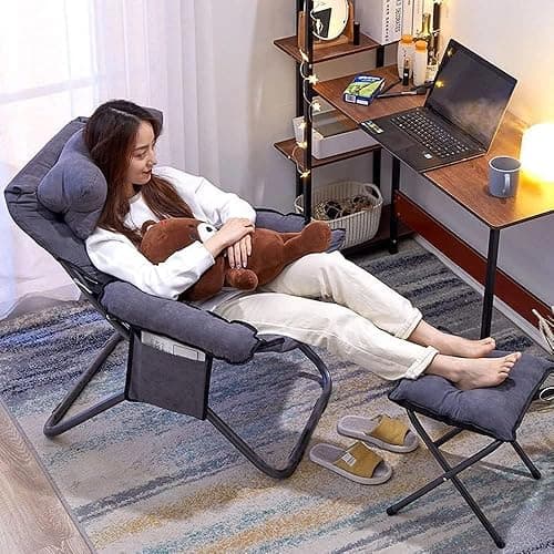 Modern Lazy Chair with Ottoman, Folding Lounge Reclining Sofa Chair with Armrest Comfy Lounge Chair Leisure Chair with Side Pocket for Bedroom, Balcony, Living Room, Office, Grey thumbnail 4