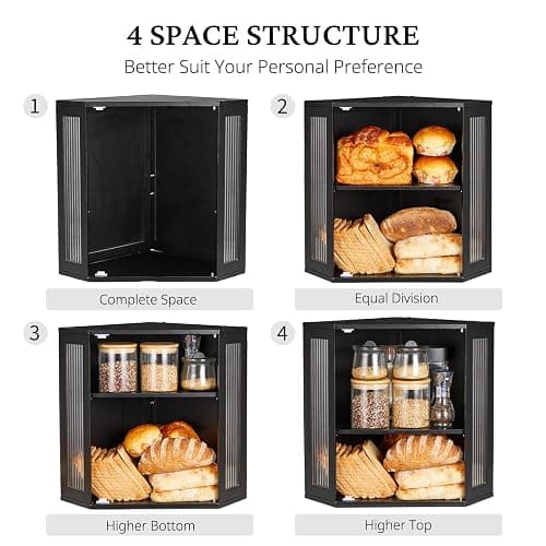 BRONYPRO Double Layer Corner Bread Box for Kitchen Counter with Height-adjustable Partition, Large Black Bamboo Wooden Bread Box for Multiple Loaves, Modern Breadbox for Kitchen Countertop thumbnail 4