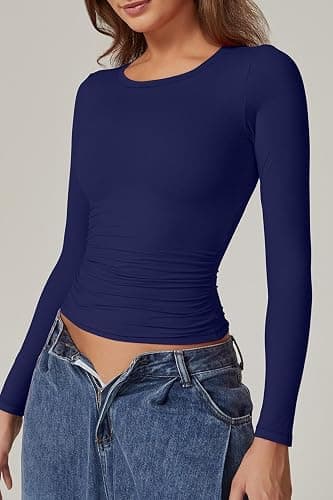 QINSEN Womens Crewneck Long Sleeve Shirt Double Lined Basic Tees Side Ruched Going Out Crop Tops thumbnail 3