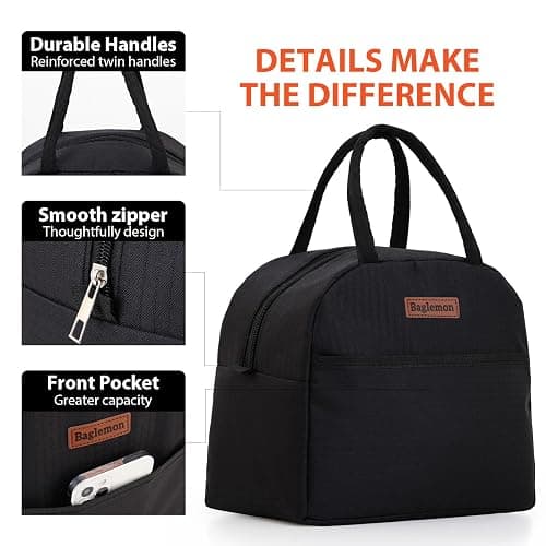 Baglemon Insulated Lunch Bag for Women Men, Lunch Containers Reusable High Capacity Lunch Tote Bags for for Work Picnic (Black) thumbnail 4