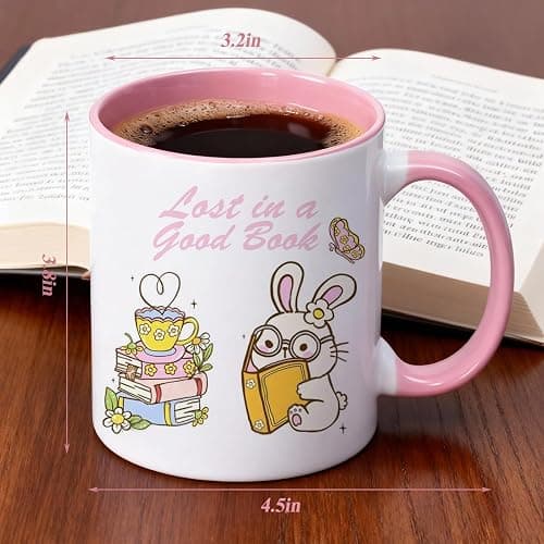 VACNKOCY Cute Bunny Book Lover Coffee Mug – Ceramic Tea Cup with Pastel Flowers and Reading Rabbits, Pink Interior – Gift for Readers, Teachers, Students, Bookworm Coffee Cup, 11oz thumbnail 3