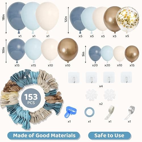 Amandir 153pcs Dusty Blue Balloon Garland Arch Kit, Different Sizes 18 12 10 5 inch Blue White Sand Latex Metallic Confetti Gold Balloons for Boys Birthday Boho Baby Shower Party Decoration Supplies - Dusty Blue thumbnail 2
