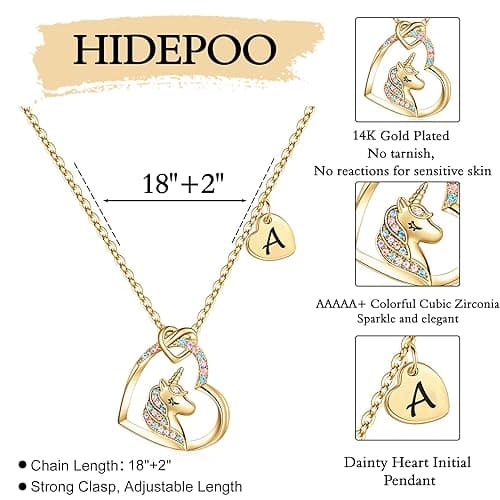 Hidepoo Unicorn Necklace Gifts for Girls - 14K Gold/Rose Gold/White Gold Plated Colorful CZ Heart Unicorn Necklace Little Girls Jewelry Initial Unicorn Necklace Birthday Gifts Unicorn Gifts for Girls - A. - Gold thumbnail 5