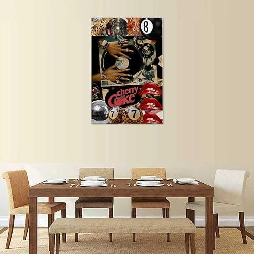 Retro Pop Culture Collage Canvas Wall Art Leopard Print Disco Ball Cherry Coke Posters with Vinyl Record And Glam Nails Trendy Bedroom Music Room Bar Lounge Canvas Poster Wall Art Decoration for Home, thumbnail 2