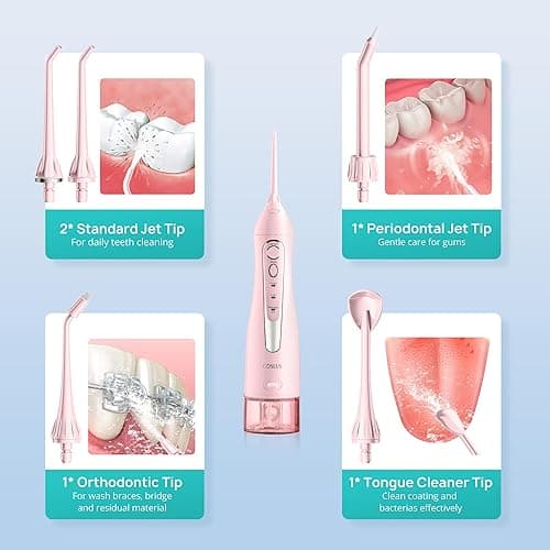 COSLUS Water Dental Flosser Teeth Pick: Portable Cordless Oral Irrigator 300ML Rechargeable Travel Irrigation Cleaner IPX7 Waterproof Electric Flossing Machine for Teeth Cleaning C20(F5020E) Pink thumbnail 9