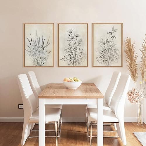 BICERE Large Neutral Flower Botanical Framed Canvas Wall Art,Boho Wildflowers Ink Wall Decor,Vintage Bouquet Wall Painting,Nature Artwork for Living Room,Bedroom,Dining Room,Office -16"x24"x3 - Neutral Botanical Wall Art - 16''x24''x3 thumbnail 3