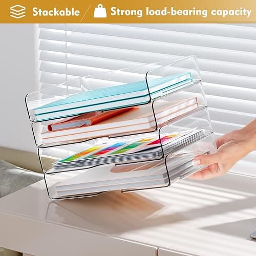 YKLSLH 4 Trays Paper Organizer Letter Tray - Acrylic Desk File Organizer, Stackable Clear Paper Holder Sorter Office Organizer for Letter/A4, Office File Ipad Books Notes Etc thumbnail 6