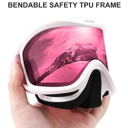 Juli Ski Goggles,Snow Snowboard Goggles Men Women Snowmobile Skiing Skating - White Frame Vermillion Red(vlt 38%) Lens Pink Strap thumbnail 4