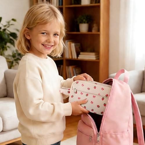 YILANCOL Cute Corduroy Pencil Case Pouch with Handle,Extra Large 4 Compartment Aesthetic Pen Case Pouch Organizer Gifts for Teen Girls,School,College,Birthday Gifts (Beige Strawberry) thumbnail 9