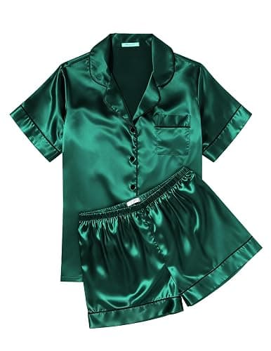 Ekouaer Womens Silk Satin Pajama Sets Soft Short Sleeve Button Down Sleepwear Top and Shorts 2 Piece Pjs Lounge Set - Image 1
