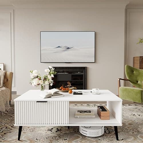 41.34''D Coffee Table, 2-Tiers Farmhouse Coffee Tables With Storage and Sliding Wave Pattern Door, Modren Tea Table, Wooden Dining Center Tables for Living Room, Office, Bedroom, Outdoors, White - White thumbnail 3