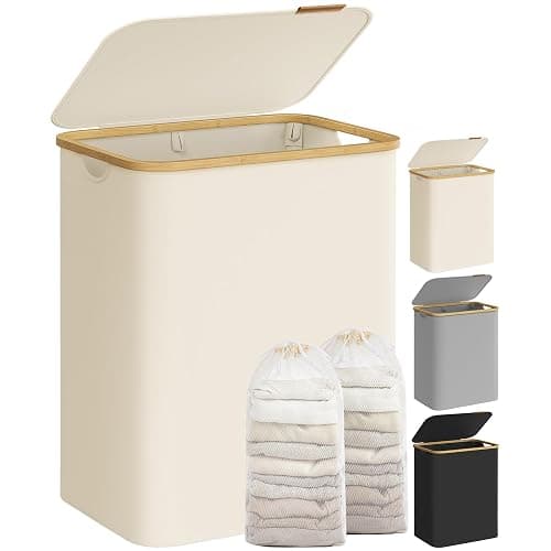 SONGMICS Laundry Hamper with Lid, 2-Section Large Laundry Basket, 34.3-gallon (130L), Removable Mesh Liner, Bamboo Handles, Collapsible, 20.5 x 15.2 x 27.8 Inches, Cream White ULCB513W01 - Image 1