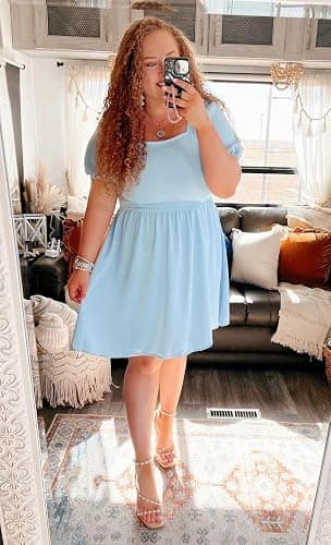 OFEEFAN Women Puff Sleeve Square Neck Tie in Back Dresses with Zipper thumbnail 2