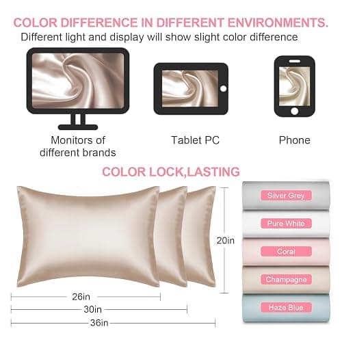 Mulberry Silk Pillow Cases Standard Size with Hidden Zipper, Ultra Smooth and Soft Breathable Cooling Silk Satin Pillowcase for Hair and Skin, Gifts for Women Men (Champagne, 20x26 Inches, 1 Pack) thumbnail 2