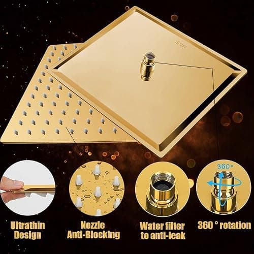 Shower Head, 10'' High Pressure Rain Shower Head with 6 Settings/Spray Handheld Shower Head Combo, 78'' Long Hose and 11'' Extension Arm, Water Temperature Reminder (Square Gold Shower Heads) thumbnail 4