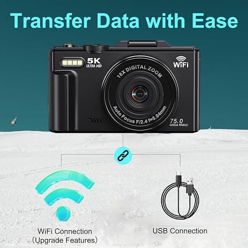 5K Digital Camera for Photography - 75MP WiFi Vlogging Camera for YouTube - UHD 18X Zoom Digital Cameras with Flip Screen 3" 180° - Travel Photography Flash Camara for Beginners & Adults thumbnail 5