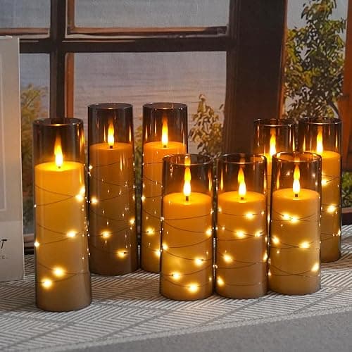 kakoya Flameless LED Candles with Timer 9 Pc Flickering Flameless Candles for Romantic Ambiance and Home Decoration Stable Acrylic Shell,with Embedded Star String，Battery Operated Candles（Grey） thumbnail 6