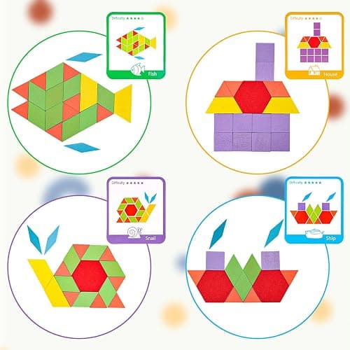 LovesTown 209 PCS Shapes Wooden Pattern Blocks for Kids,Geometric with Activity Cards and Storage Bag, Educational Tangram Puzzles,Great Learning Gift from Parents or Teachers thumbnail 7