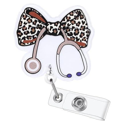 Leopard Bow Stethoscope Badge Reel, Cute Retractable ID Card Badge Holder, Name Tag Work Badge Clip for ICU NICU RN LPN CNA MA ER Cardiology Night Shift Nurse Nursing Student OR GI Doctor, Nurse Gifts - Image 1