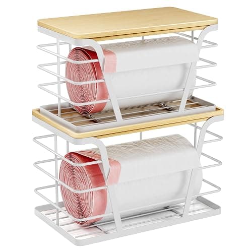 TIDIIABODE 2 Pack Stackable Laundry Room Organization and Storage, Laundry Room Decor and Accessories, Trash Bag Holder with Bamboo Top and Garbage Bag Dispenser, White - Image 1