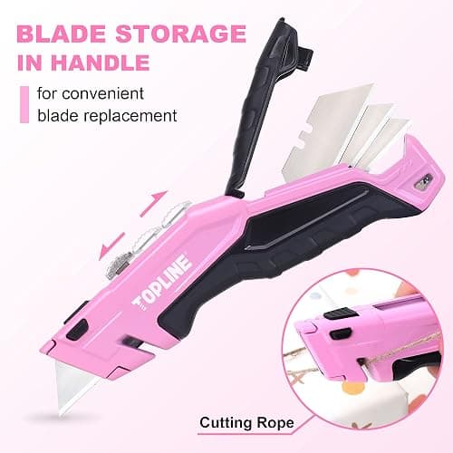 TOPLINE Retractable Pink Utility Knife, Retractable Pink Box Cutter, Blade Storage Design, 18-Piece SK5 Blades and a Dispenser Included thumbnail 5