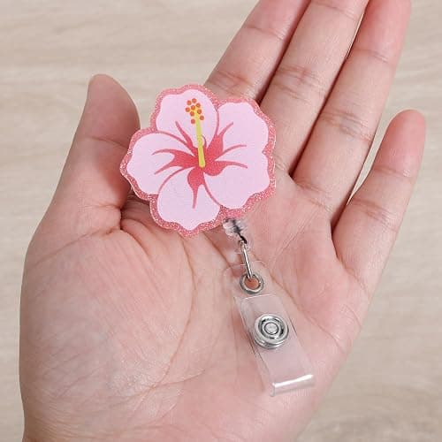 Cute Hibiscus Flower Badge Reel, Pink, Retractable ID Card Holder | Work Badge Clip for Pediatric ED ER RN CNA LPN MA PT OT Therapists HR Social Workers Nurses Doctor Teachers Nursing Student thumbnail 2