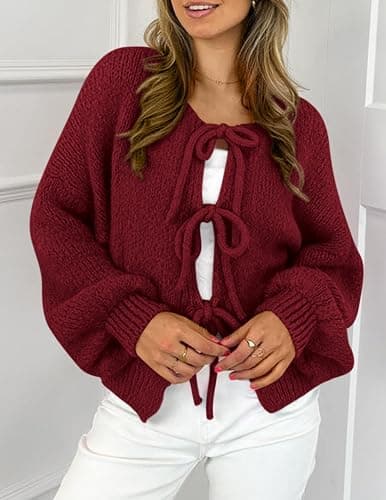 PRETTYGARDEN Women's Tie Front Bow Cardigan Sweaters Chunky Knit Long Puff Sleeve Trendy Fall Winter Jacket Coats thumbnail 4