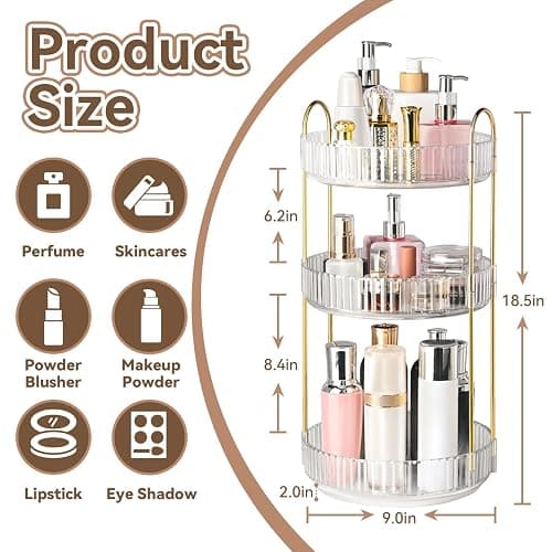 360° Rotating Makeup Organizer for Vanity, 3 Tier Perfume Organizers Skincare Organizers and Storage for Bathroom Countertop, Spinning Cosmetic Organizer for Bedroom Dresser Counter, Clear thumbnail 3