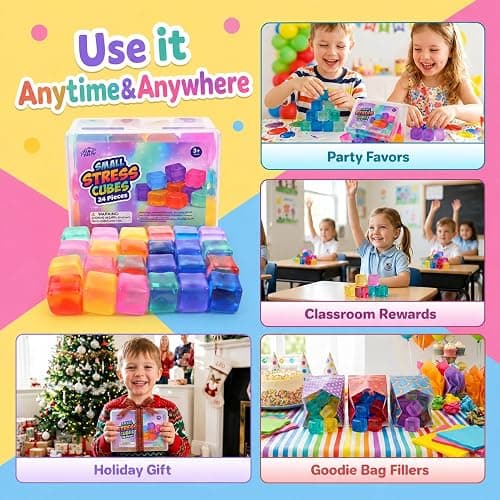 24 Pack Mini Stress Cubes for Kids: 1.18'' Soft Squeeze Toys with Storage Box, Squishy Sensory Fidget Toys for Classroom Prizes, Prize Box Toys, Party Favors thumbnail 6