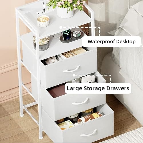 Somdot White Nightstand with Charging Station and LED Light for Bedroom, Tall 3 Drawers Dresser with Fabric Bins for Bedside Kids Dorm Room Closet Laundry Entryway, White Leather - White Leather - 11"D x 15.8"W x 33.5"H (3 Drawers) thumbnail 6