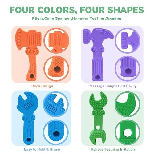 TYRY.HU Baby Teething Toys for Babies, Baby Teether Toys, BPA Free Silicone Baby Molar Teether Chew Toys, Hammer Wrench Spanner Pliers for Boys Girls, Soft-Textured, Easy to Hold & Clean, 4 Packs thumbnail 7