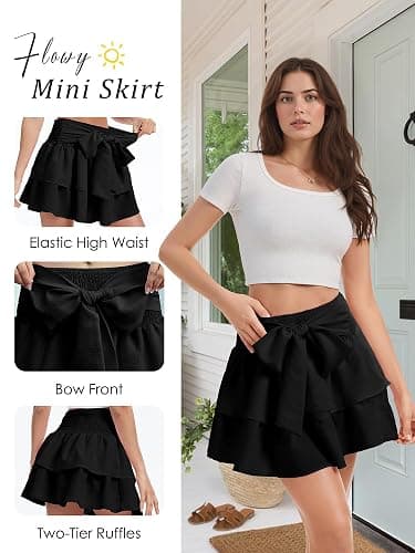 Timormode Women's Girls Bow Mini Skirt Flowy High Waisted Ruffle Hem Short Skirts Cute Boho A-Line Layered Skater Skirt thumbnail 6