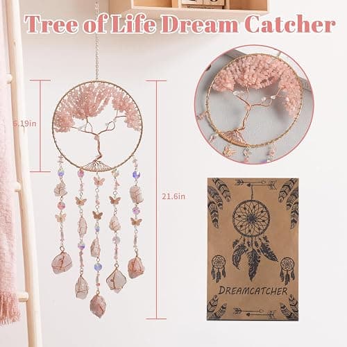 Pink Dream Catchers Crystal Tree of Life Dreamcatcher with Rose Quartz Butterfly Crystal Suncatcher Prism Hangings Wall Window Bedroom Room Decor Gift for Girls Boys Adults thumbnail 2