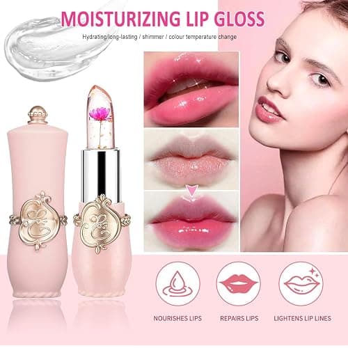 firstfly Pack of 6 Crystal Flower Jelly Lipstick, Long Lasting Nutritious Lip Balm Lips Moisturizer Magic Temperature Color Change Lip Gloss (Pink) thumbnail 3