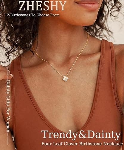 ZHESHY Birthstone Necklace for Women Non Tarnish 14K Gold Plated Four Leaf Clover Necklace Dainty Gold Choker Necklaces for Women Trendy CZ Emerald Pendant Necklace Jewelry Birthday Gifts for Women thumbnail 2